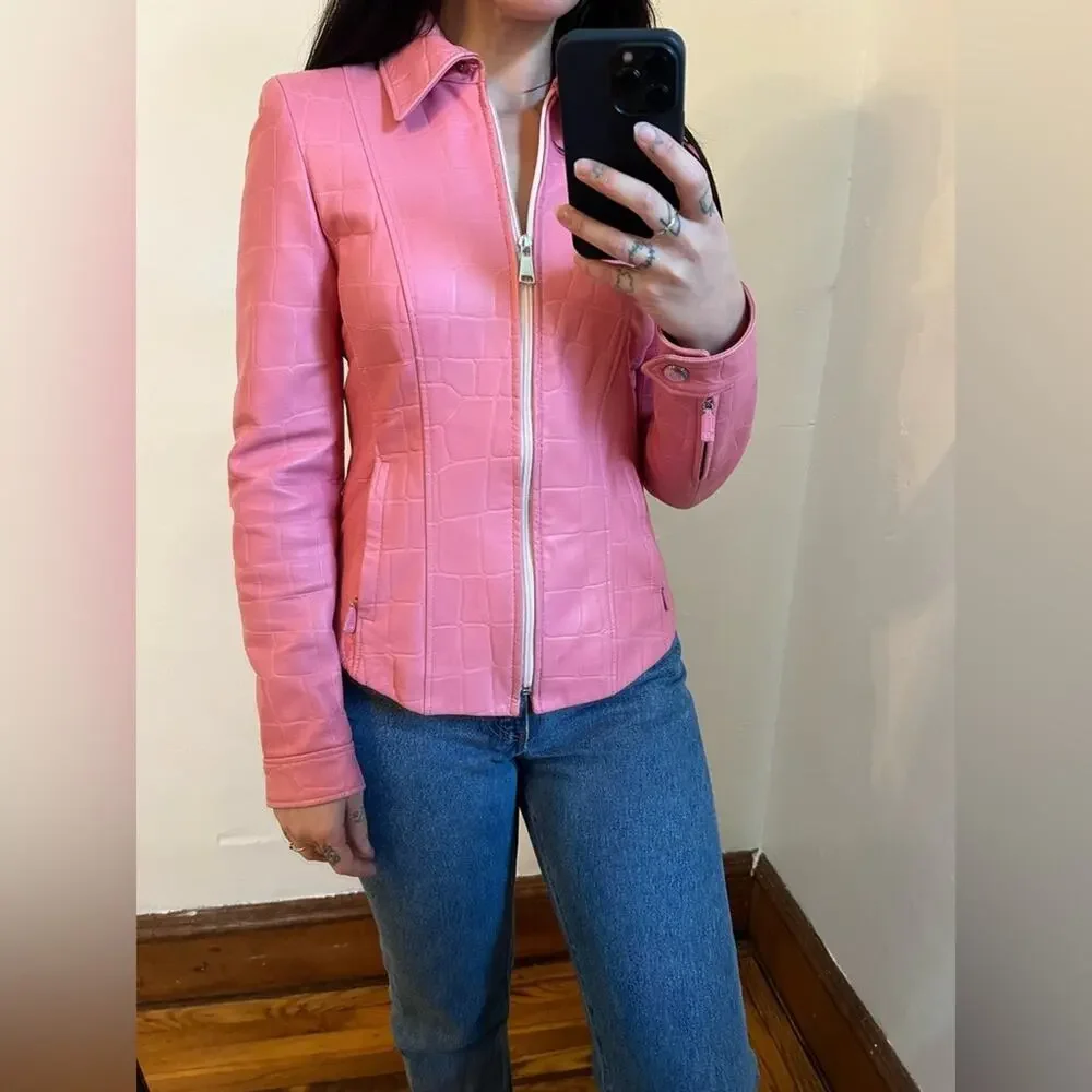 Escada 2/4 vintage RARE pink lamb leather skirt suit jacket set fall unique